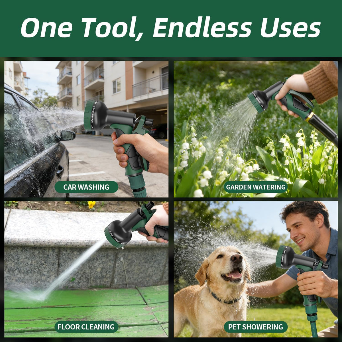 Garden Water Hose Nozzle, Water Spray Nozzle with 10 Spray Modes Suitable for Watering Plants, Iawns and Gardens, Car Washing, Cleaning, Showering Pets and Outdoor Fun, Green