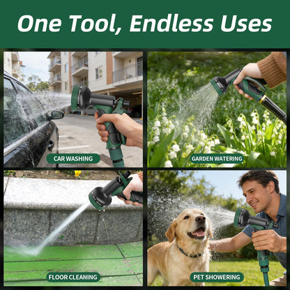 Garden Water Hose Nozzle, Water Spray Nozzle with 10 Spray Modes Suitable for Watering Plants, Iawns and Gardens, Car Washing, Cleaning, Showering Pets and Outdoor Fun, Green