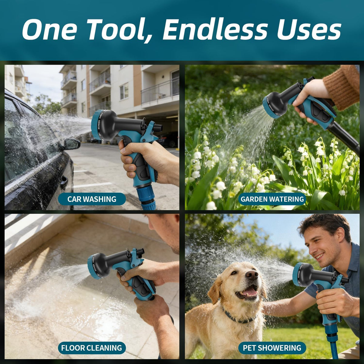 Garden Water Hose Nozzle, Water Spray Nozzle with 10 Spray Modes Suitable for Watering Plants, Iawns and Gardens, Car Washing, Cleaning, Showering Pets and Outdoor Fun, Green