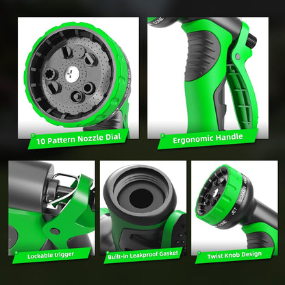Garden Water Hose Nozzle, Water Spray Nozzle with 10 Spray Modes Suitable for Watering Plants, Iawns and Gardens, Car Washing, Cleaning, Showering Pets and Outdoor Fun, Green