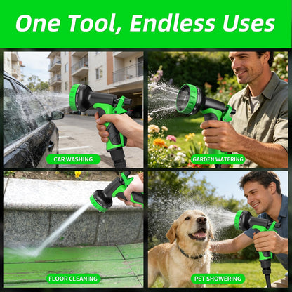 Garden Water Hose Nozzle, Water Spray Nozzle with 10 Spray Modes Suitable for Watering Plants, Iawns and Gardens, Car Washing, Cleaning, Showering Pets and Outdoor Fun, Green