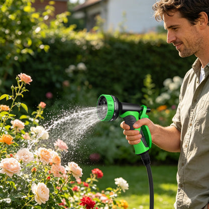 Garden Water Hose Nozzle, Water Spray Nozzle with 10 Spray Modes Suitable for Watering Plants, Iawns and Gardens, Car Washing, Cleaning, Showering Pets and Outdoor Fun, Green