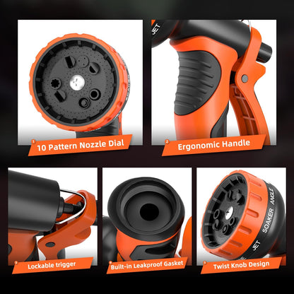 Garden Water Hose Nozzle, Water Spray Nozzle with 10 Spray Modes Suitable for Watering Plants, Iawns and Gardens, Car Washing, Cleaning, Showering Pets and Outdoor Fun, Green