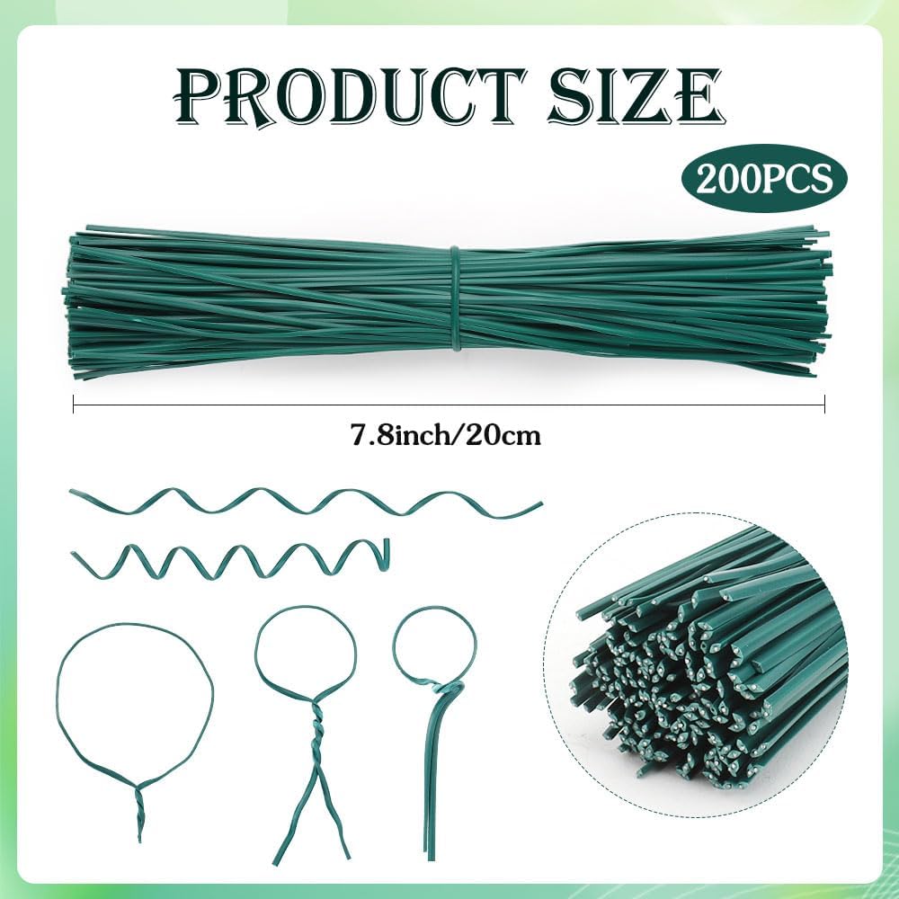 200 PCS Twist Ties for Plants, 7.8 Inch Garden Twist Ties Reusable Green Cable Tie with Rugged Metal Innercores for Bread Cake Pop Candy Bags Cable Organization Christmas Tree Gardening Decor