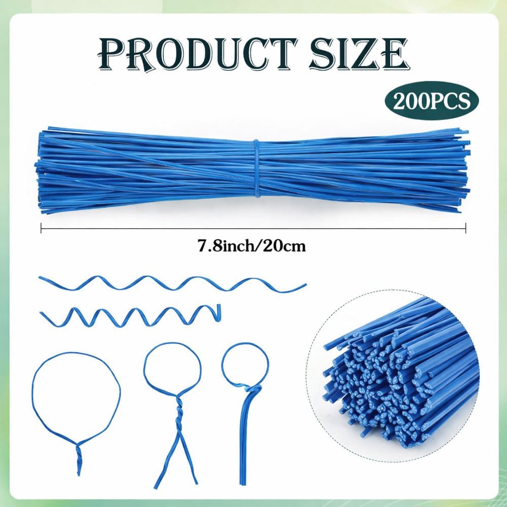 200 PCS Twist Ties for Plants, 7.8 Inch Garden Twist Ties Reusable Green Cable Tie with Rugged Metal Innercores for Bread Cake Pop Candy Bags Cable Organization Christmas Tree Gardening Decor