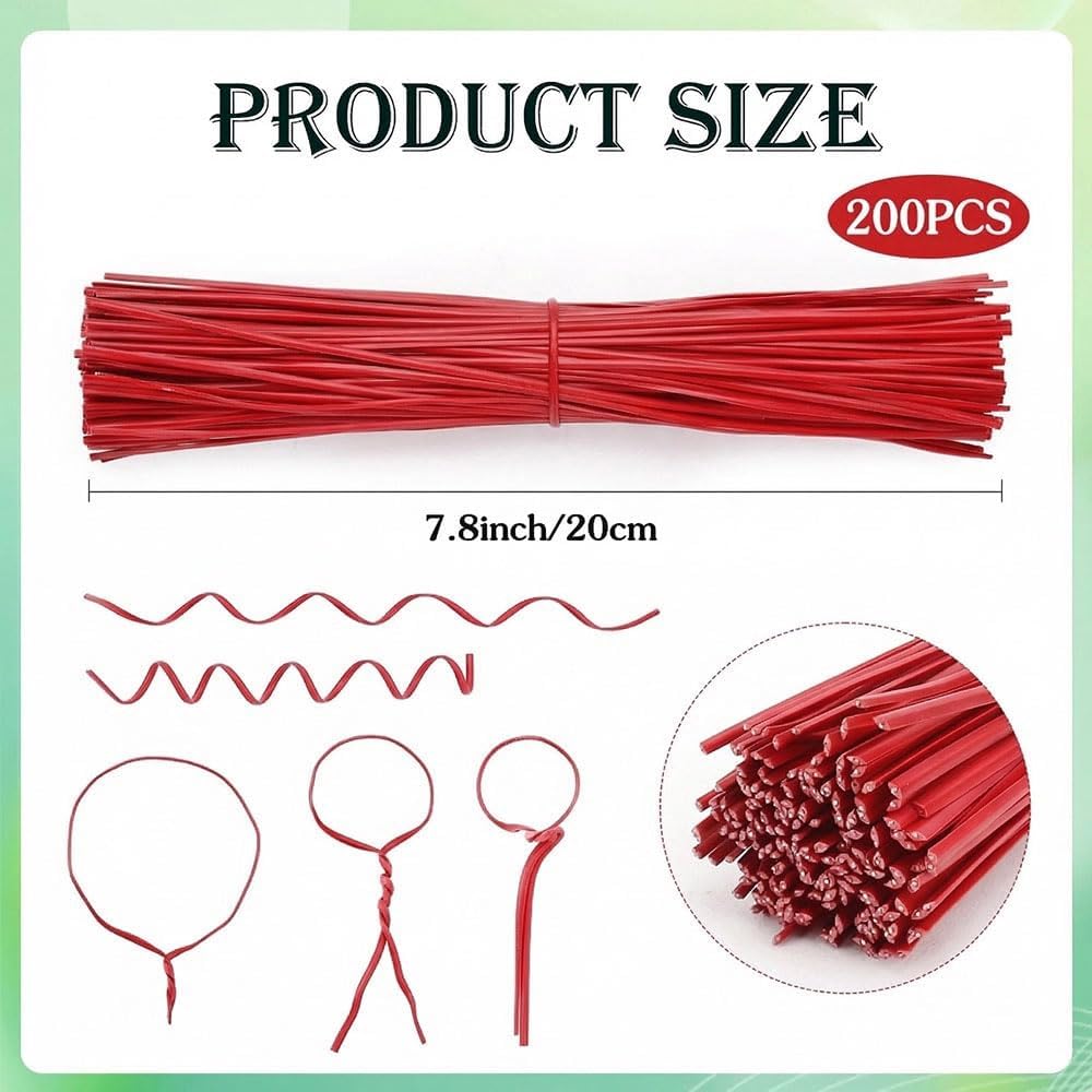 200 PCS Twist Ties for Plants, 7.8 Inch Garden Twist Ties Reusable Green Cable Tie with Rugged Metal Innercores for Bread Cake Pop Candy Bags Cable Organization Christmas Tree Gardening Decor