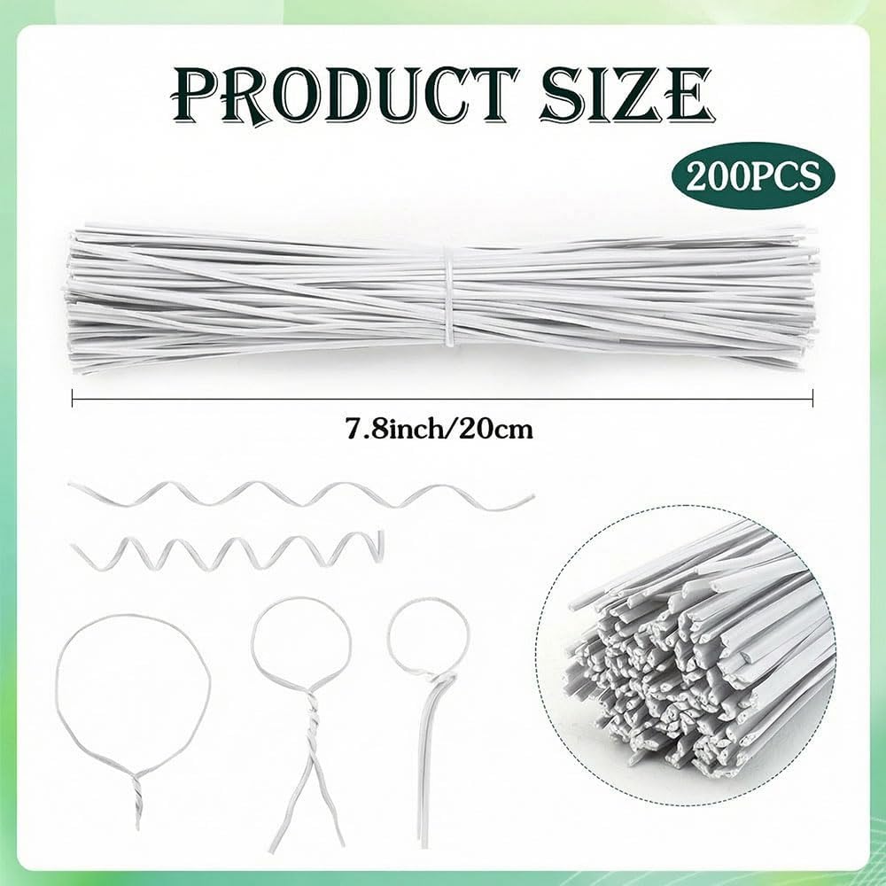 200 PCS Twist Ties for Plants, 7.8 Inch Garden Twist Ties Reusable Green Cable Tie with Rugged Metal Innercores for Bread Cake Pop Candy Bags Cable Organization Christmas Tree Gardening Decor