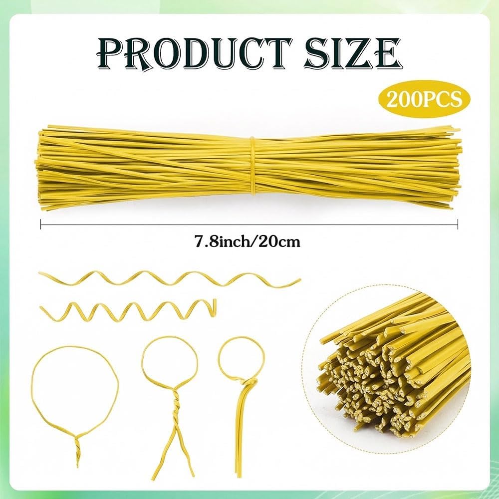 200 PCS Twist Ties for Plants, 7.8 Inch Garden Twist Ties Reusable Green Cable Tie with Rugged Metal Innercores for Bread Cake Pop Candy Bags Cable Organization Christmas Tree Gardening Decor
