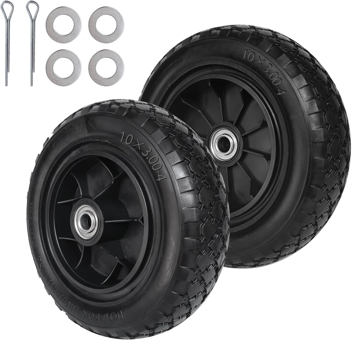 10" 3.00-4 Flat Free Tire 5/8" Bearing 2.2" Hub for Hand Truck 2PK