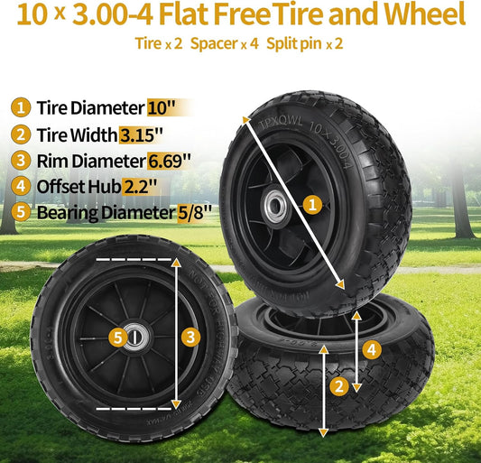 10" 3.00-4 Flat Free Tire 5/8" Bearing 2.2" Hub for Hand Truck 2PK