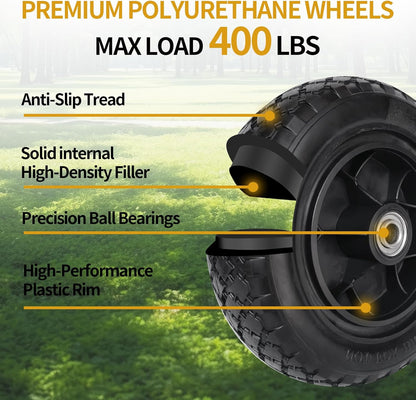 10" 3.00-4 Flat Free Tire 5/8" Bearing 2.2" Hub for Hand Truck 2PK