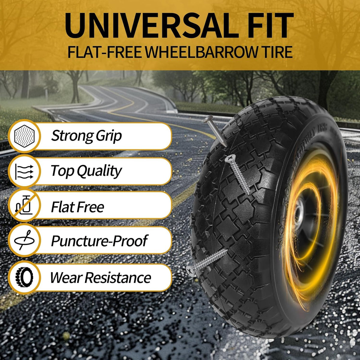 10" 3.00-4 Flat Free Tire 5/8" Bearing 2.2" Hub for Hand Truck 2PK