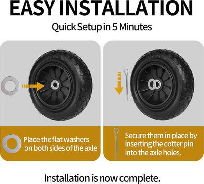 10" 3.00-4 Flat Free Tire 5/8" Bearing 2.2" Hub for Hand Truck 2PK