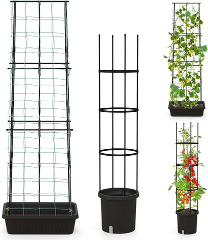 2 Pack Tomato Cage, Metal Garden Trellis w/Adjustable Height & Self-Watering System for Vines Potted Plants Vegetables, Tall Plant Support Tomato Trellis w/Planter Box