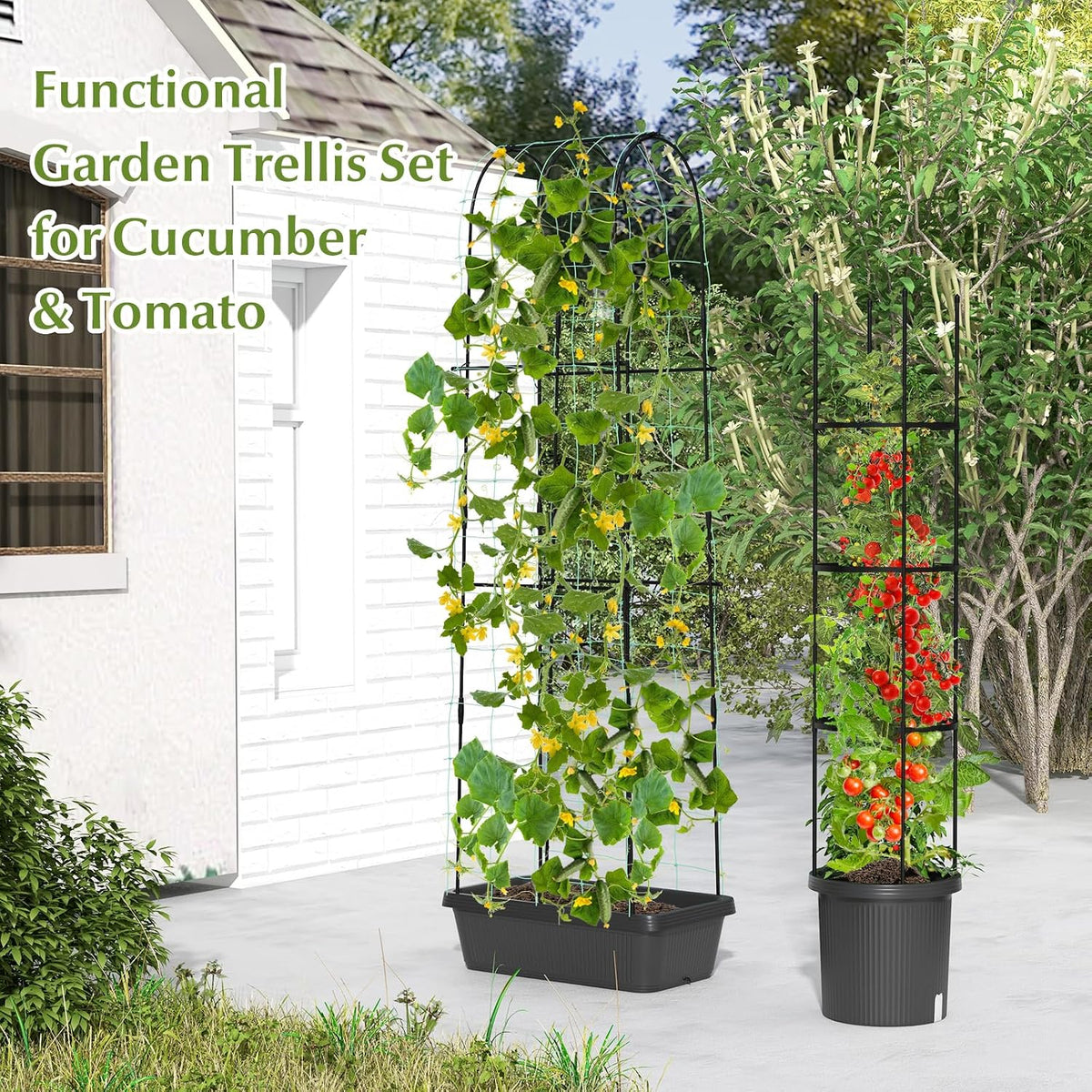 2 Pack Tomato Cage, Metal Garden Trellis w/Adjustable Height & Self-Watering System for Vines Potted Plants Vegetables, Tall Plant Support Tomato Trellis w/Planter Box