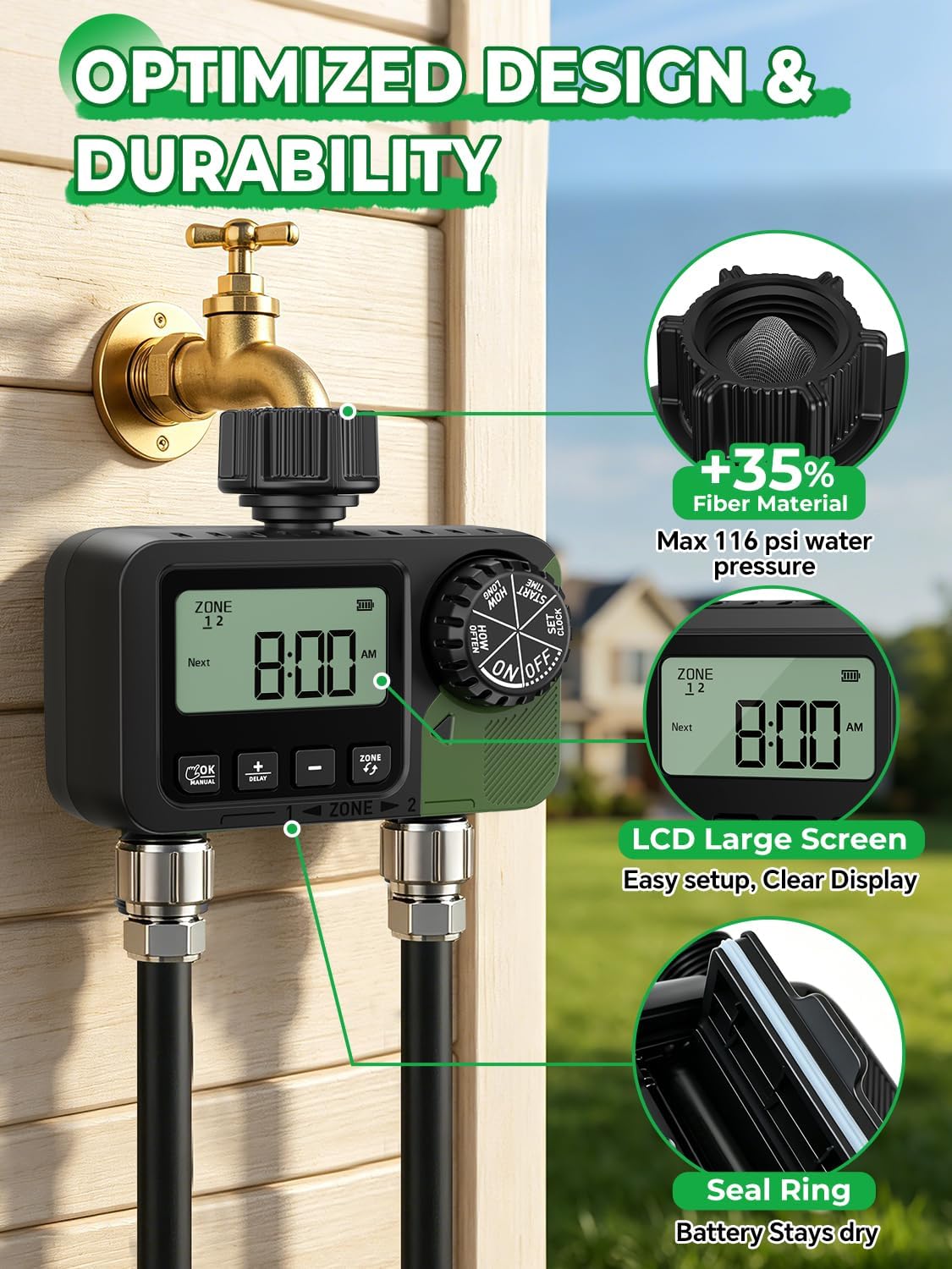 Sprinkler Timer 2 Outlets, Programmable Water Hose Timer with Rain Delay/Manual/Automatic Watering System, Outdoor Digital Auto Irrigation for Garden Yard Lawn with Large Display(Black+Olive Green)