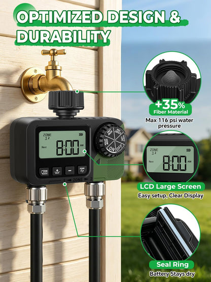 Sprinkler Timer 2 Outlets, Programmable Water Hose Timer with Rain Delay/Manual/Automatic Watering System, Outdoor Digital Auto Irrigation for Garden Yard Lawn with Large Display(Black+Olive Green)