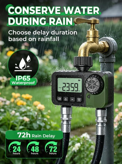 Sprinkler Timer 2 Outlets, Programmable Water Hose Timer with Rain Delay/Manual/Automatic Watering System, Outdoor Digital Auto Irrigation for Garden Yard Lawn with Large Display(Black+Olive Green)
