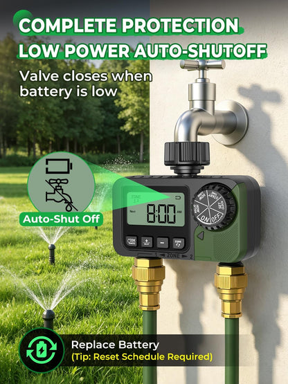 Sprinkler Timer 2 Outlets, Programmable Water Hose Timer with Rain Delay/Manual/Automatic Watering System, Outdoor Digital Auto Irrigation for Garden Yard Lawn with Large Display(Black+Olive Green)