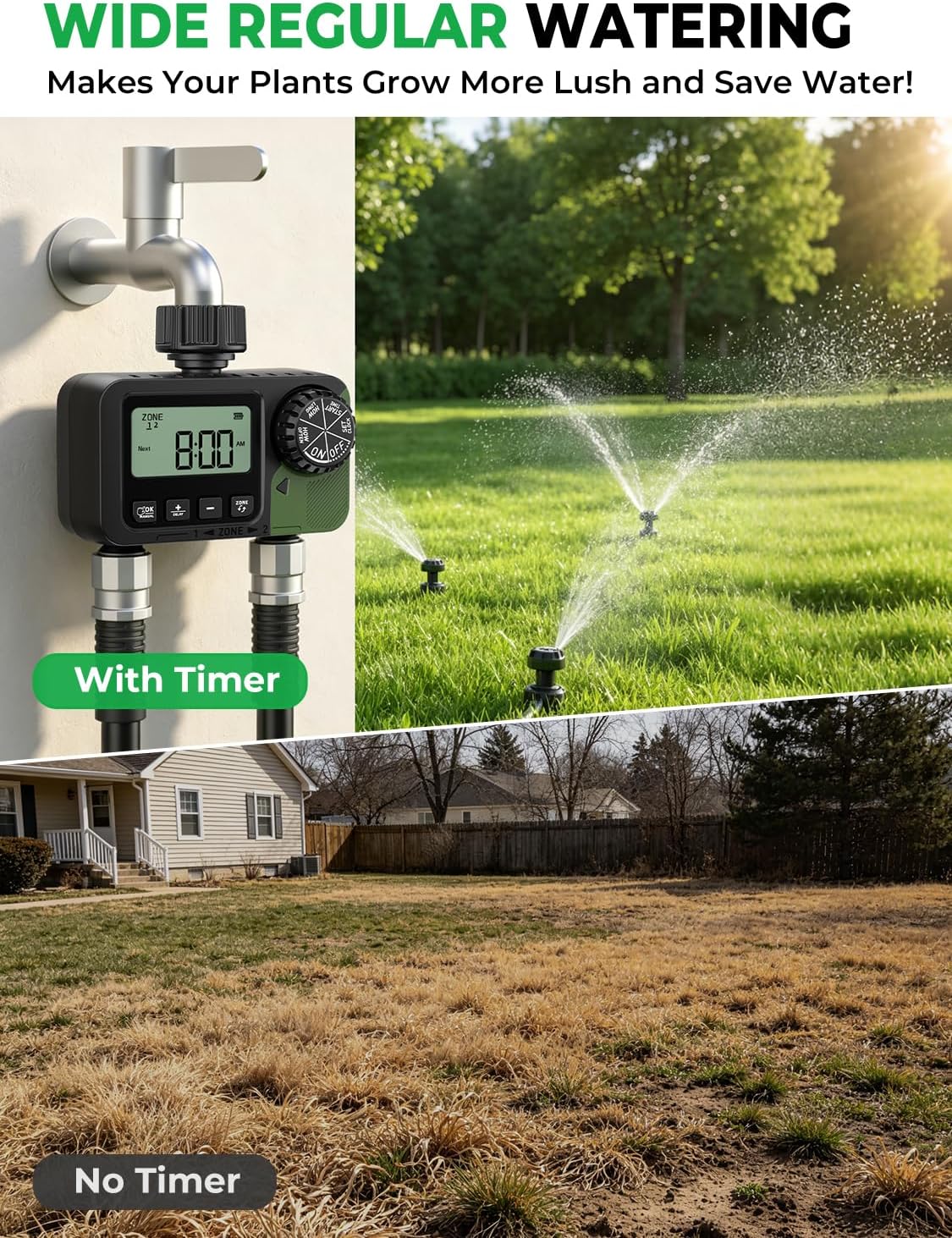 Sprinkler Timer 2 Outlets, Programmable Water Hose Timer with Rain Delay/Manual/Automatic Watering System, Outdoor Digital Auto Irrigation for Garden Yard Lawn with Large Display(Black+Olive Green)
