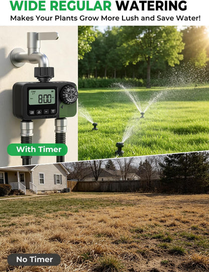 Sprinkler Timer 2 Outlets, Programmable Water Hose Timer with Rain Delay/Manual/Automatic Watering System, Outdoor Digital Auto Irrigation for Garden Yard Lawn with Large Display(Black+Olive Green)
