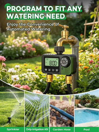 Sprinkler Timer 2 Outlets, Programmable Water Hose Timer with Rain Delay/Manual/Automatic Watering System, Outdoor Digital Auto Irrigation for Garden Yard Lawn with Large Display(Black+Olive Green)