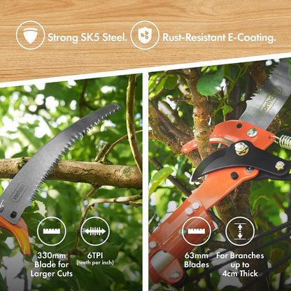 Telescopic Tree Pruner & Lopper 2 in 1 – Long Reach 3.3m Cutter, Retractable & Extendable Pole Saw for Branches – Lightweight Aluminium Pole, Steel Blade – Blade Cover Included