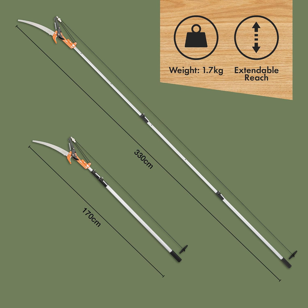 Telescopic Tree Pruner & Lopper 2 in 1 – Long Reach 3.3m Cutter, Retractable & Extendable Pole Saw for Branches – Lightweight Aluminium Pole, Steel Blade – Blade Cover Included