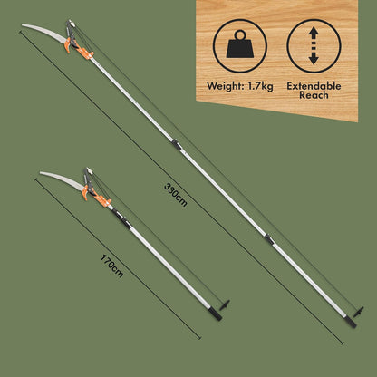 Telescopic Tree Pruner & Lopper 2 in 1 – Long Reach 3.3m Cutter, Retractable & Extendable Pole Saw for Branches – Lightweight Aluminium Pole, Steel Blade – Blade Cover Included