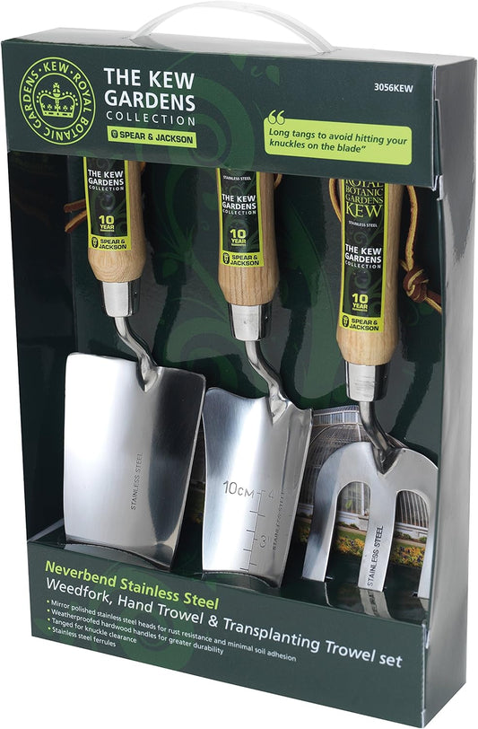 3056KEW Kew Gardens Neverbend Stainless 3 Piece Hand Tool Gift Set – Planting Trowel, Transplant Trowel & Weed Fork – Mirror-Polished Stainless Steel Heads