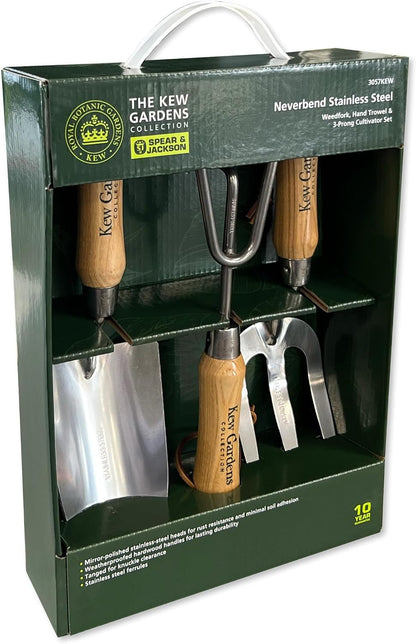 3056KEW Kew Gardens Neverbend Stainless 3 Piece Hand Tool Gift Set – Planting Trowel, Transplant Trowel & Weed Fork – Mirror-Polished Stainless Steel Heads