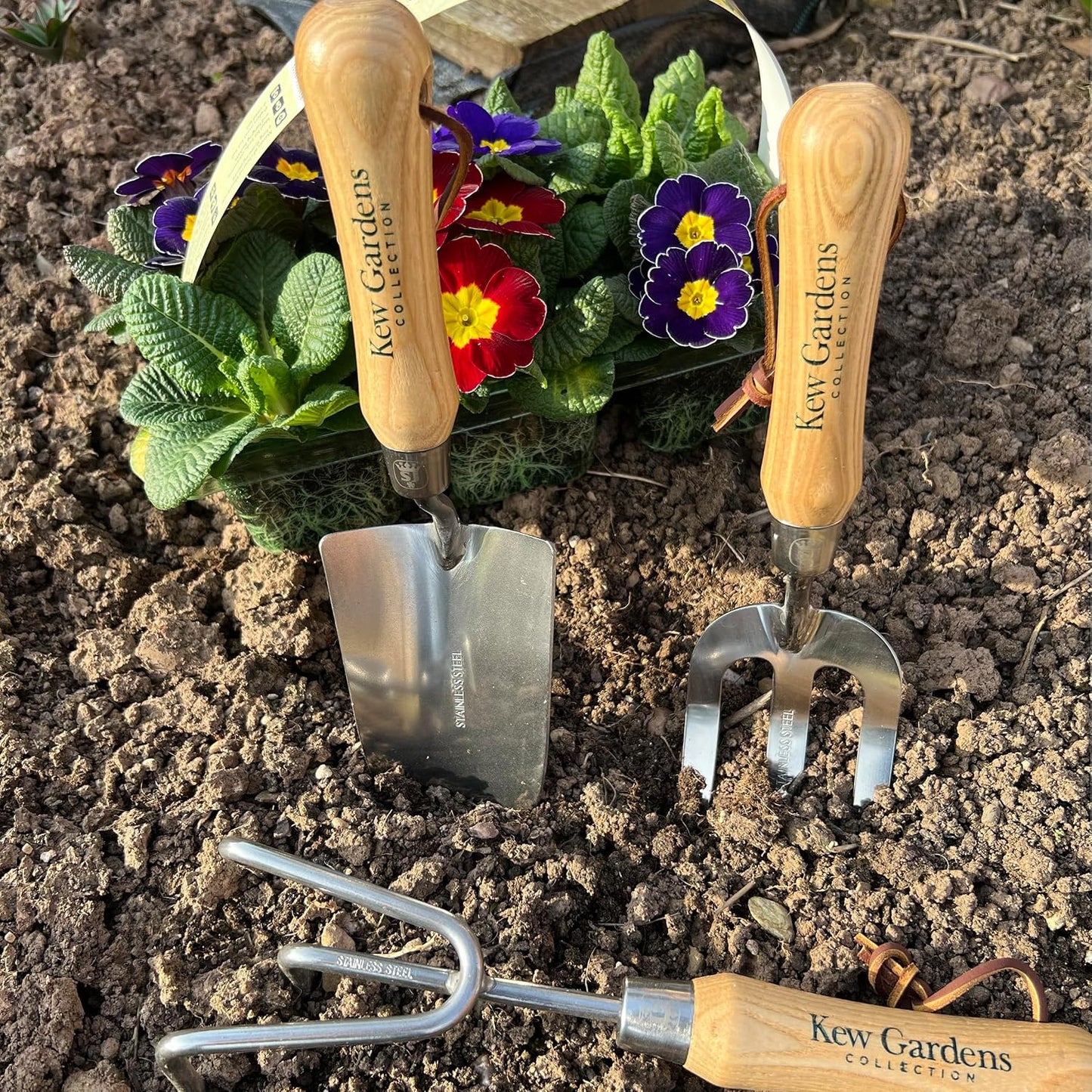 3056KEW Kew Gardens Neverbend Stainless 3 Piece Hand Tool Gift Set – Planting Trowel, Transplant Trowel & Weed Fork – Mirror-Polished Stainless Steel Heads