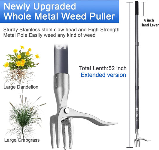 52'' Weed Puller Stand-up Weeder Weeding Tool for Gardening Heavy-duty Stainless Steel Claw with Long Metal Handle Weed Remove Tool for Lawn/Yard and Garden without Bending or Kneeling