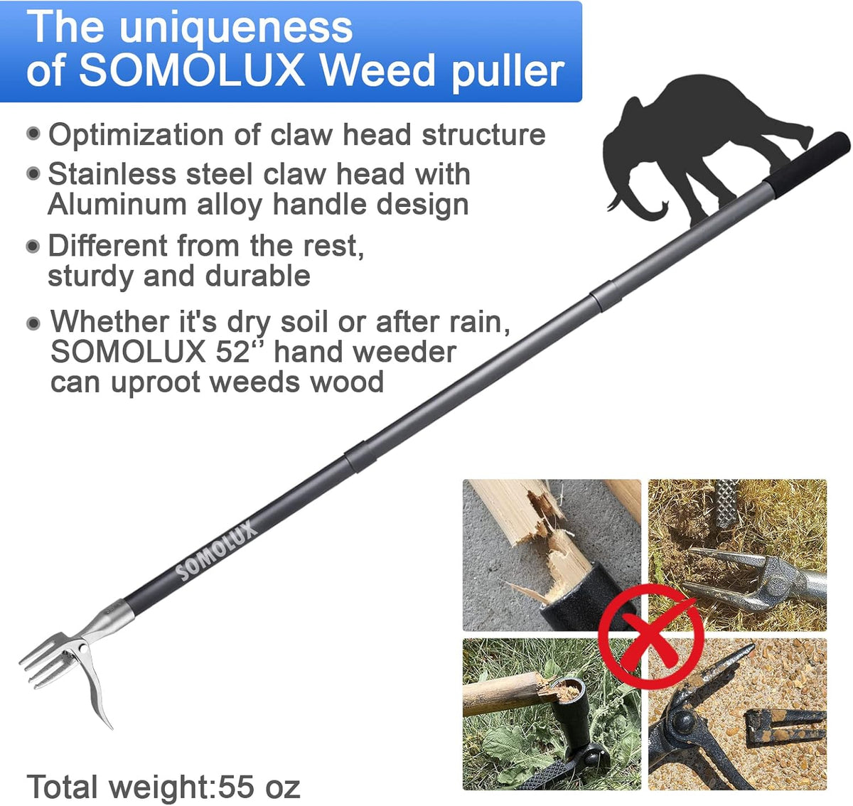 52'' Weed Puller Stand-up Weeder Weeding Tool for Gardening Heavy-duty Stainless Steel Claw with Long Metal Handle Weed Remove Tool for Lawn/Yard and Garden without Bending or Kneeling