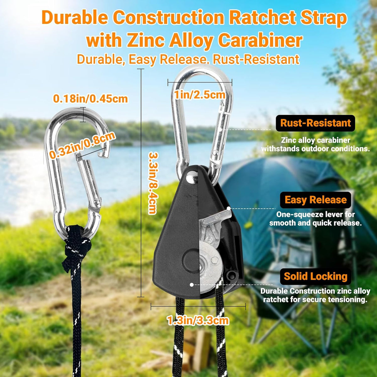 15ft Rope Ratchet Tie Downs Paracord Strap Camping Tensioner 1/8 in