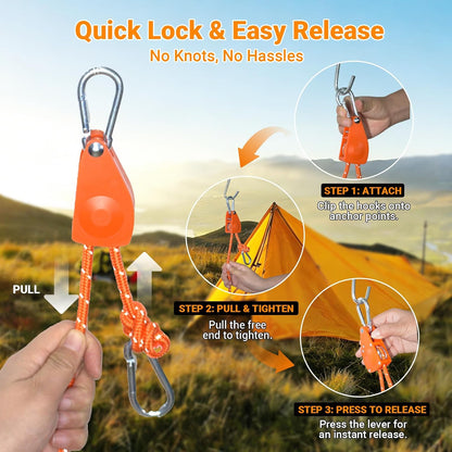 15ft Rope Ratchet Tie Downs Paracord Strap Camping Tensioner 1/8 in