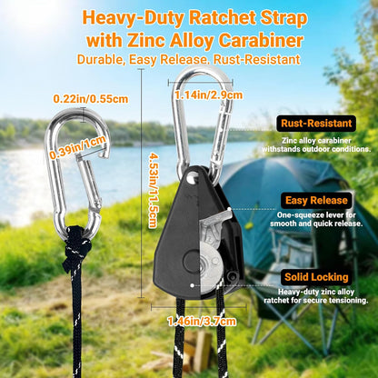 15ft Rope Ratchet Tie Downs Paracord Strap Camping Tensioner 1/8 in