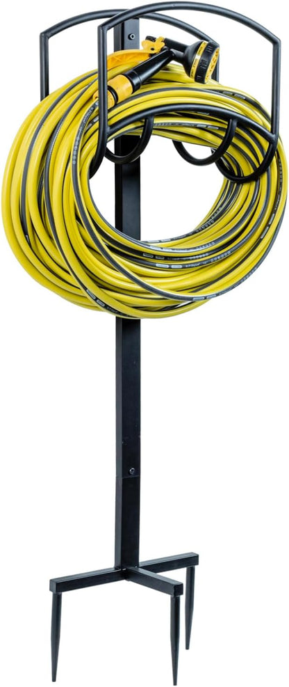 MyGift Garden Hose Holder, Modern Industrial Matte Black Metal Garden Hose Holder Freestanding Rack with Yard Grass Stake Anchors in Ground