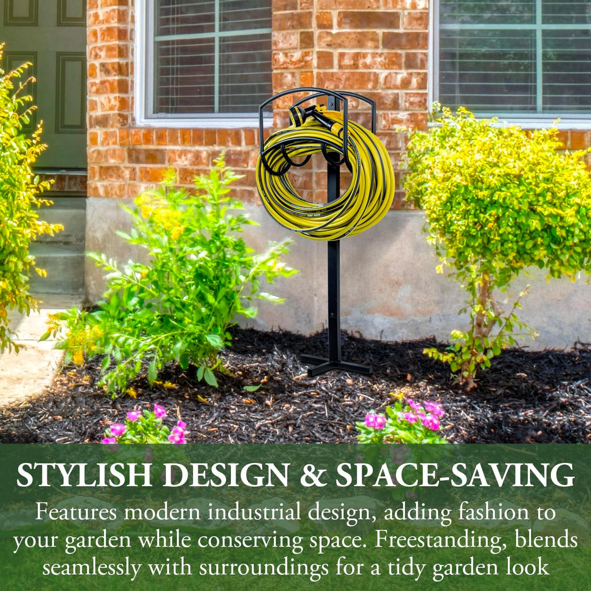 MyGift Garden Hose Holder, Modern Industrial Matte Black Metal Garden Hose Holder Freestanding Rack with Yard Grass Stake Anchors in Ground
