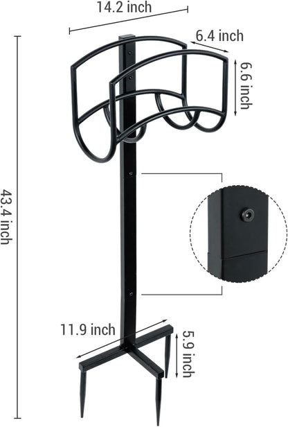 MyGift Garden Hose Holder, Modern Industrial Matte Black Metal Garden Hose Holder Freestanding Rack with Yard Grass Stake Anchors in Ground