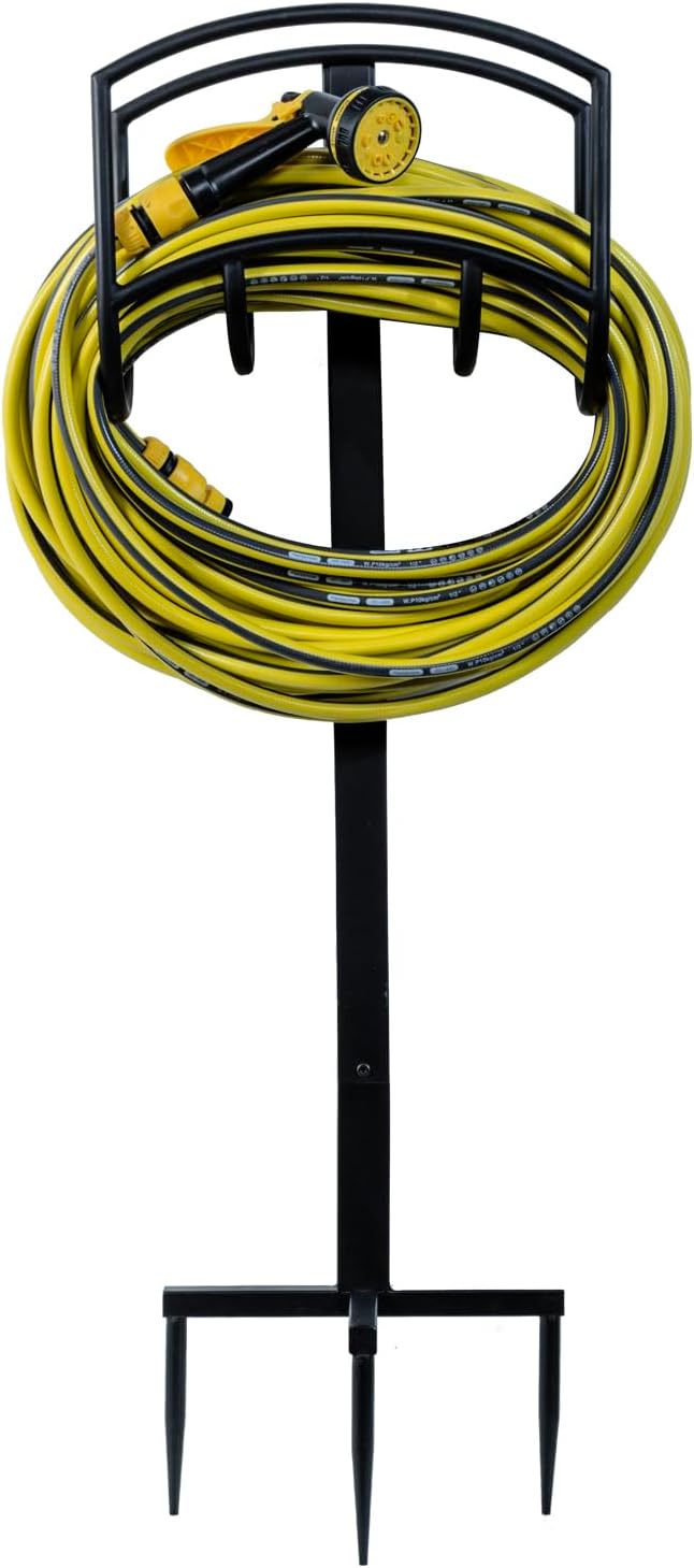 MyGift Garden Hose Holder, Modern Industrial Matte Black Metal Garden Hose Holder Freestanding Rack with Yard Grass Stake Anchors in Ground