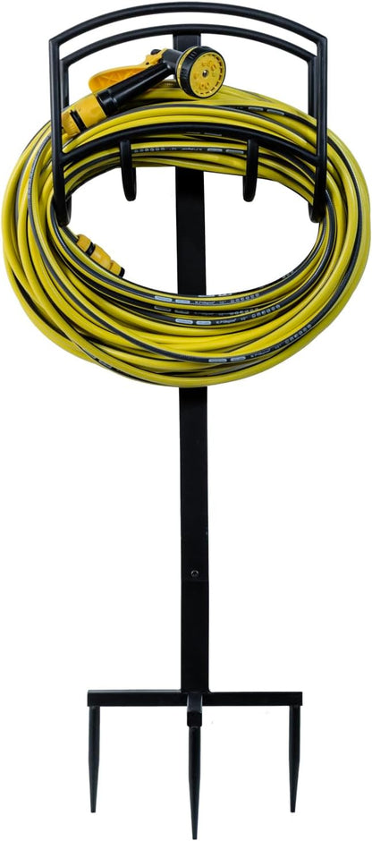 MyGift Garden Hose Holder, Modern Industrial Matte Black Metal Garden Hose Holder Freestanding Rack with Yard Grass Stake Anchors in Ground
