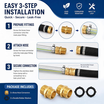 Garden Hose Adapter, 3/4 Inch Solid Brass Hose Connectors, 2 Pack Hose Connector with 2 Extra Washers (Female to Female)