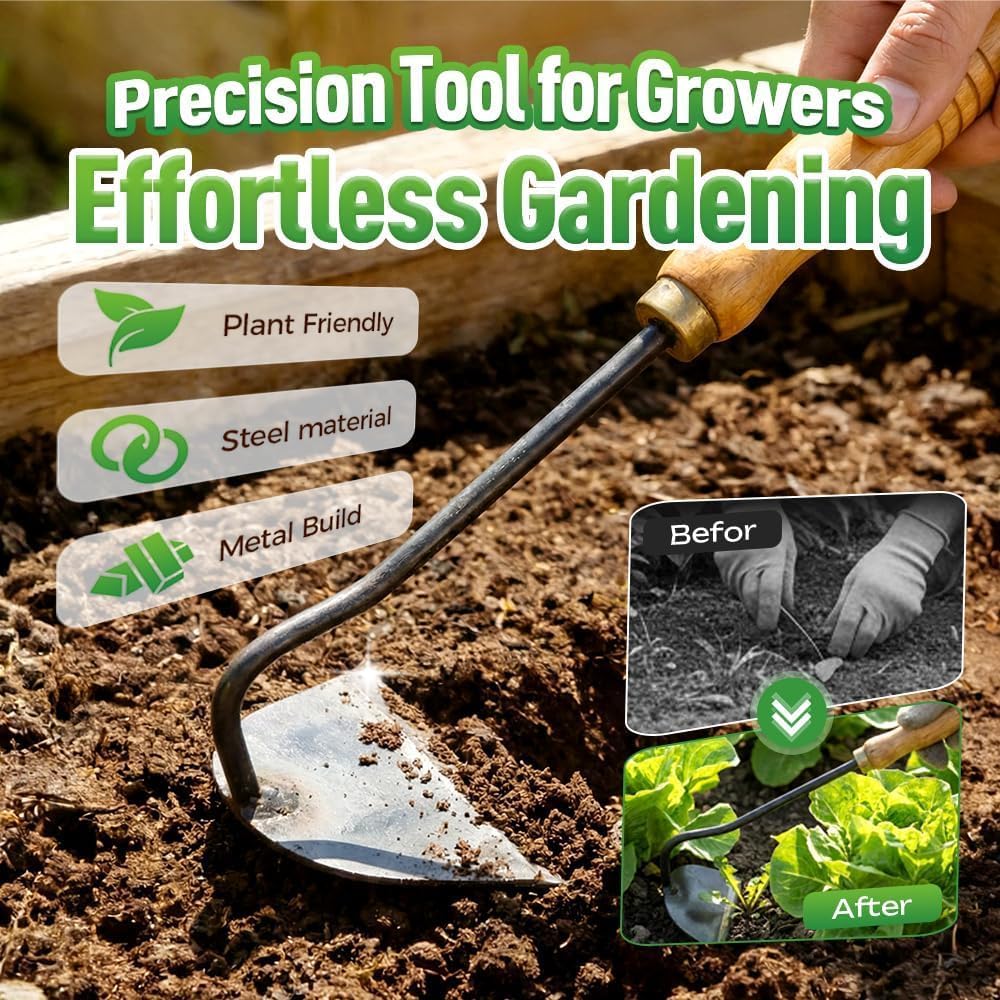 All-Steel Hardened Hollow Hoe, 2026 Japanese Garden Hand Hoe/Sickle Weed Puller Tool, Sharp Composite Steel Hand Weeder with Wood Handle for Digging, Loosening Soil & Planting