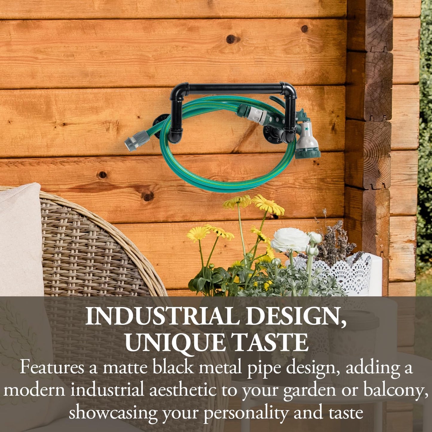 MyGift Wall Mounted Black Metal Garden Hose Holder with Pipe Design