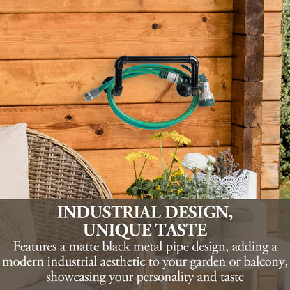 MyGift Wall Mounted Black Metal Garden Hose Holder with Pipe Design