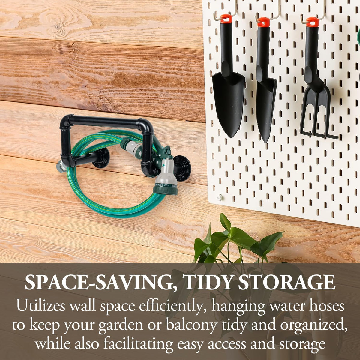 MyGift Wall Mounted Black Metal Garden Hose Holder with Pipe Design