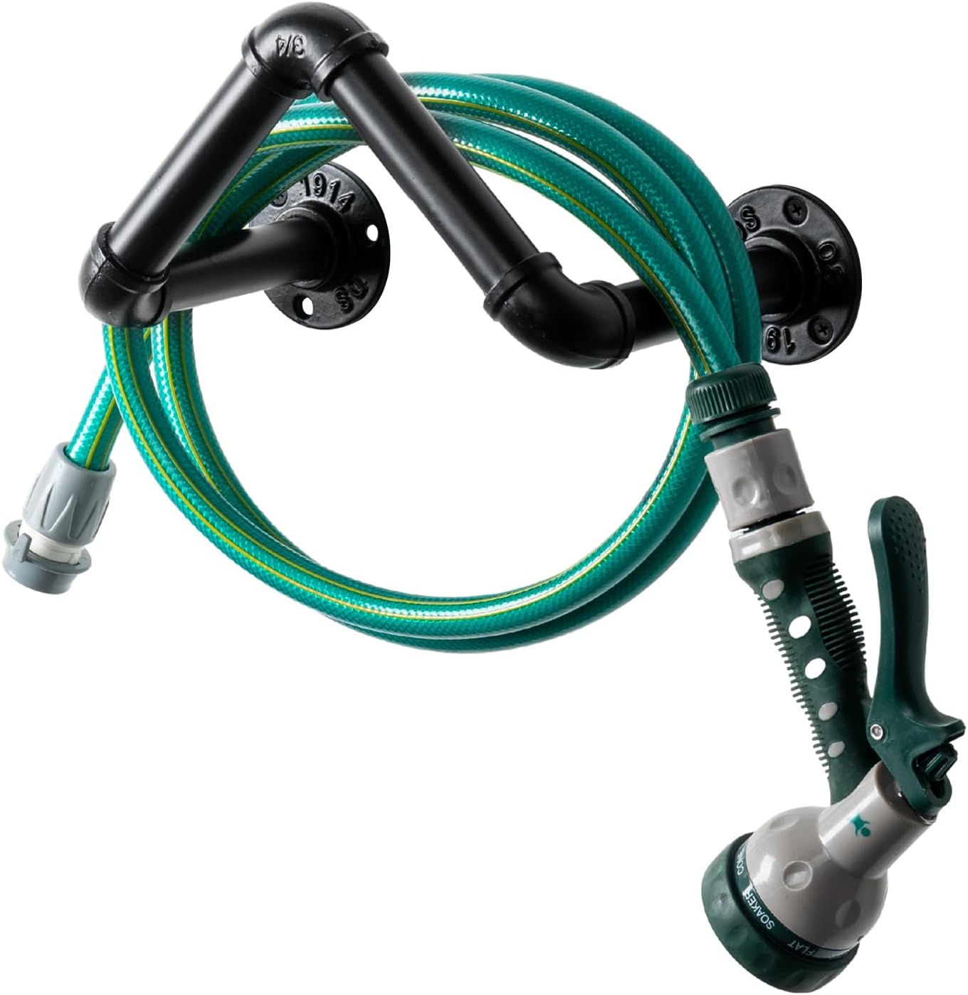 MyGift Wall Mounted Black Metal Garden Hose Holder with Pipe Design