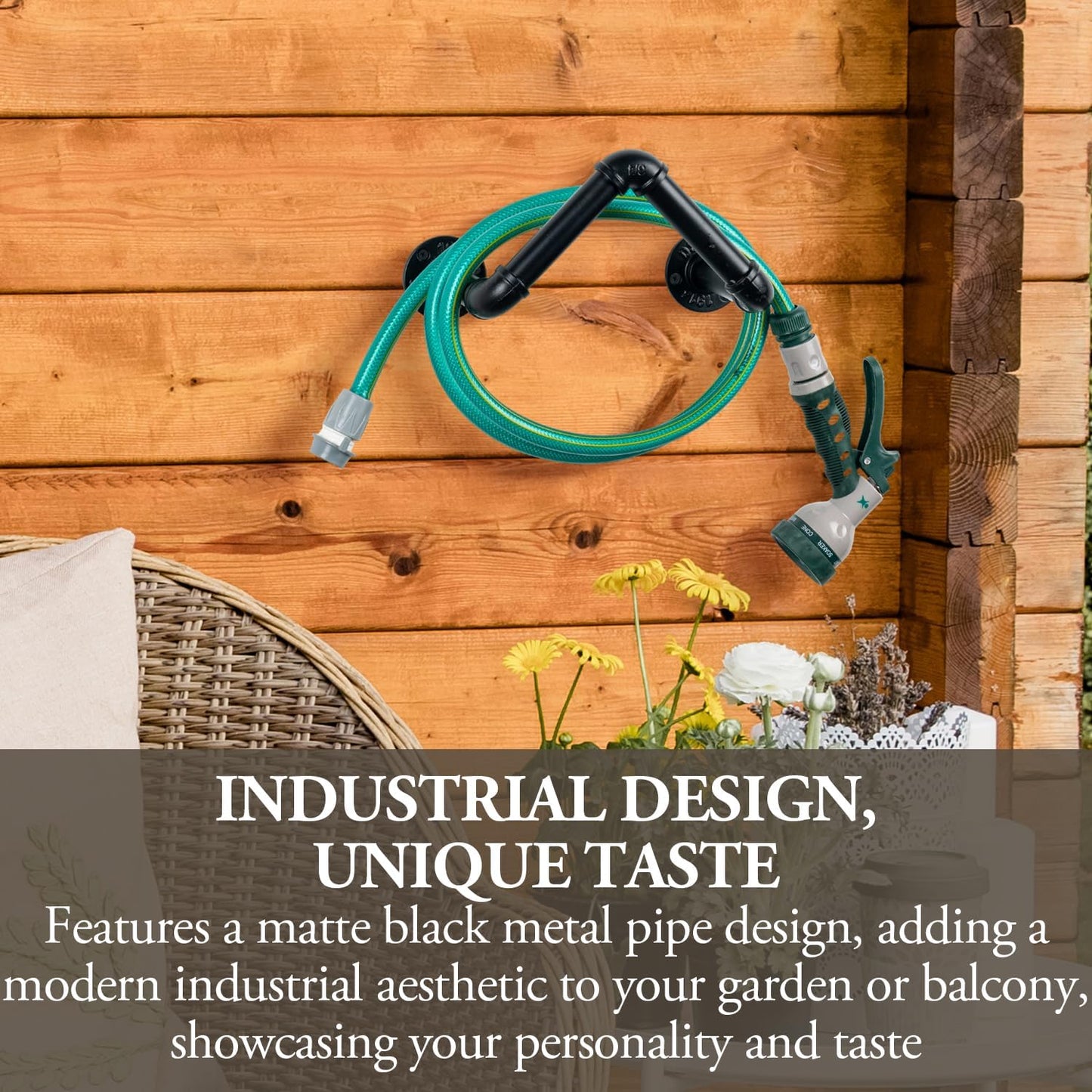 MyGift Wall Mounted Black Metal Garden Hose Holder with Pipe Design