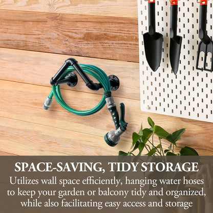 MyGift Wall Mounted Black Metal Garden Hose Holder with Pipe Design
